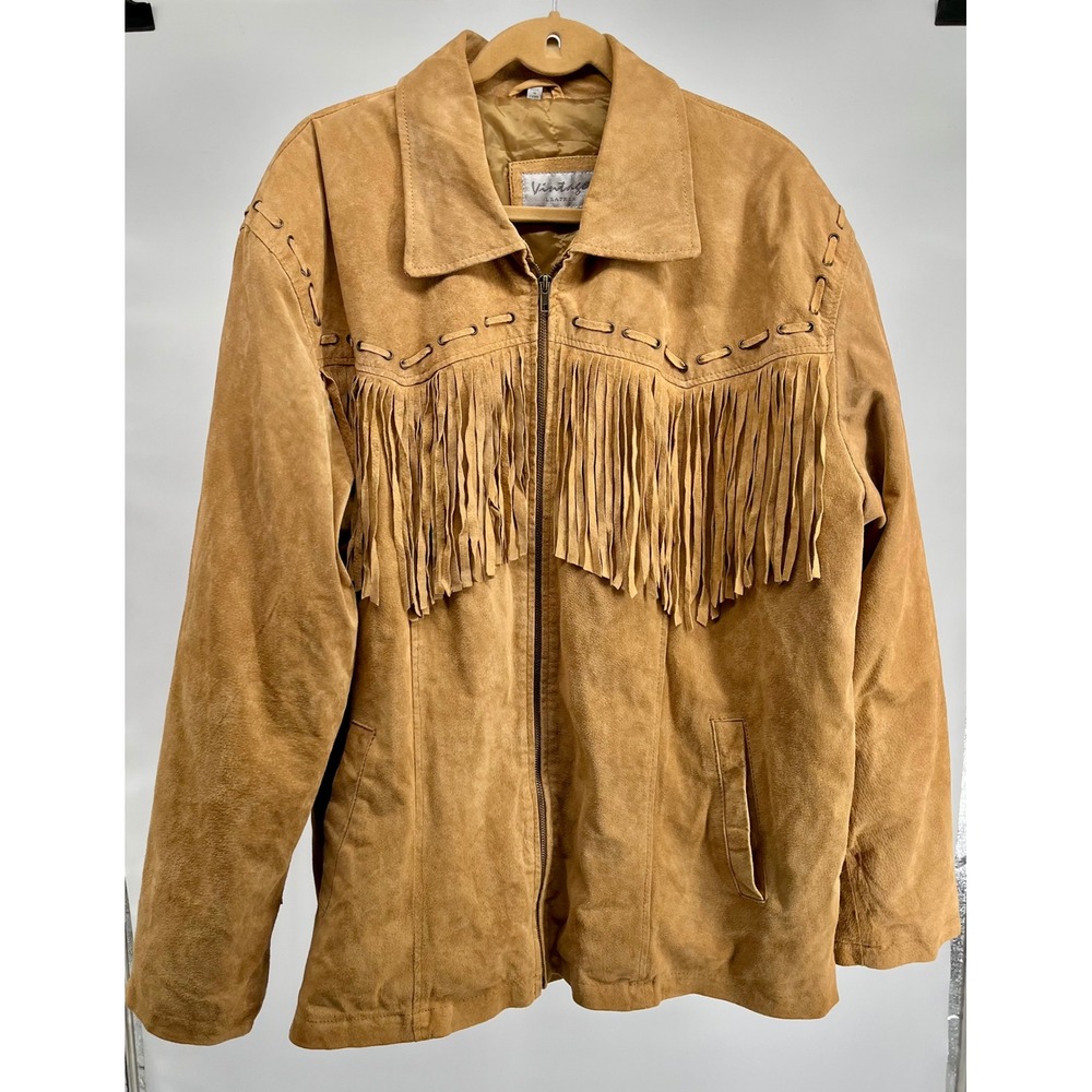 Vintage Leather Mens 2XL Tan Suede Fringe Western Cowboy Jacket Zip Up Quilted